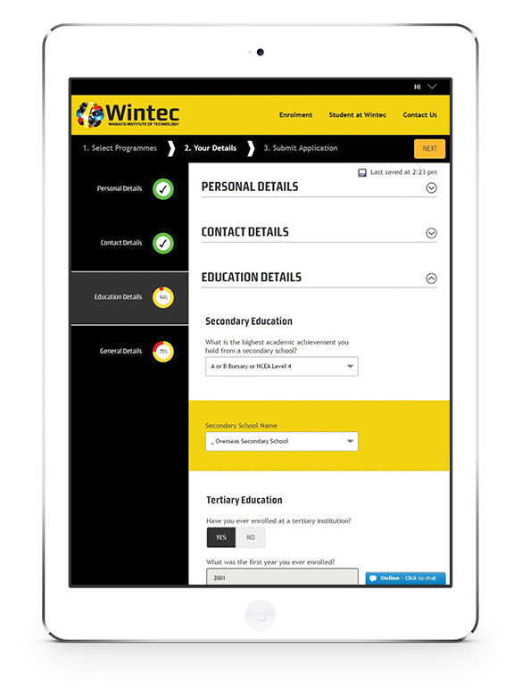Wintec Enrolment Portal on iPad.
