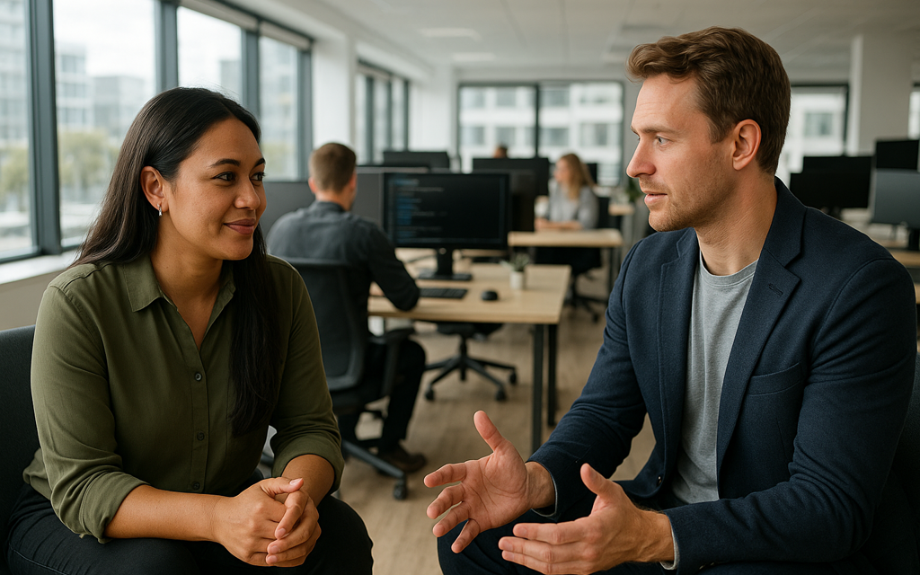 a man and woman sitting in an office