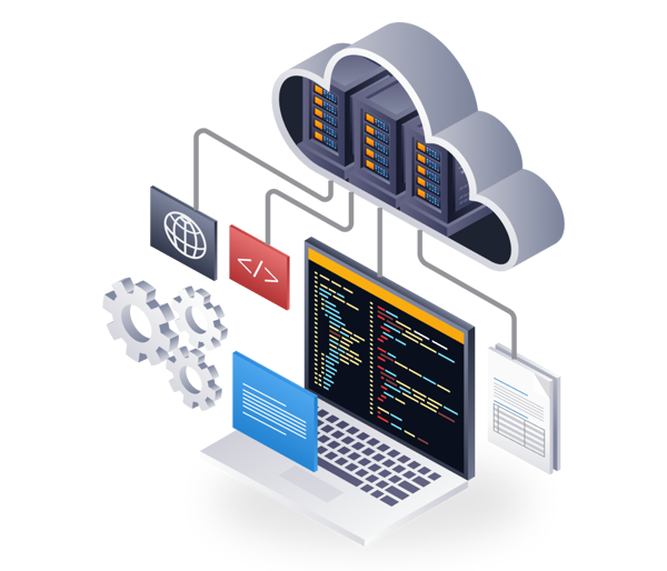 a computer with a cloud and gears