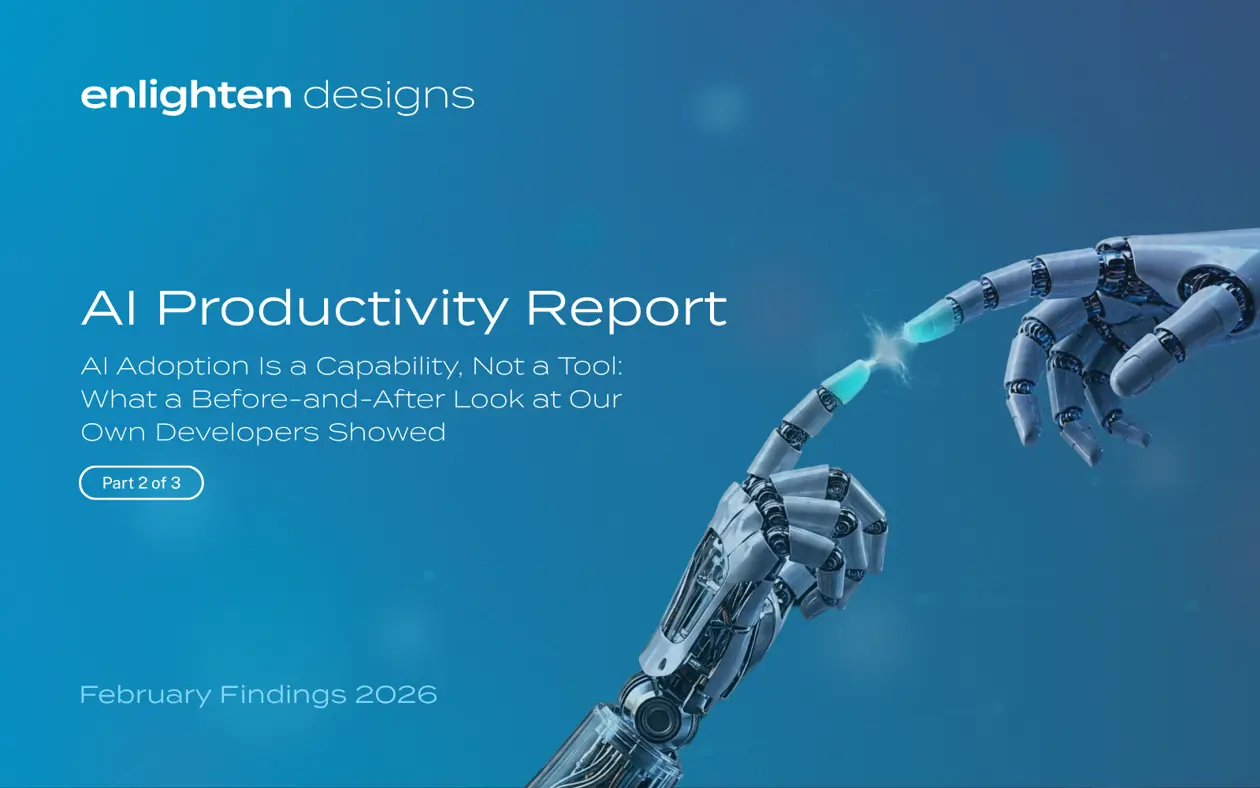 Two robotic hands reaching towards each other on a blue background, with the title "AI Productivity Report, Part 2 of 3" from Enlighten Designs.