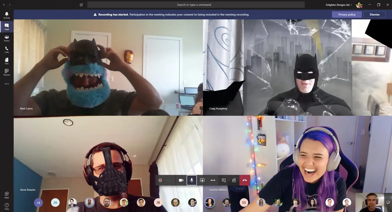 The team at Enlighten having fun on screen dressing up in a Microsoft Teams call. 