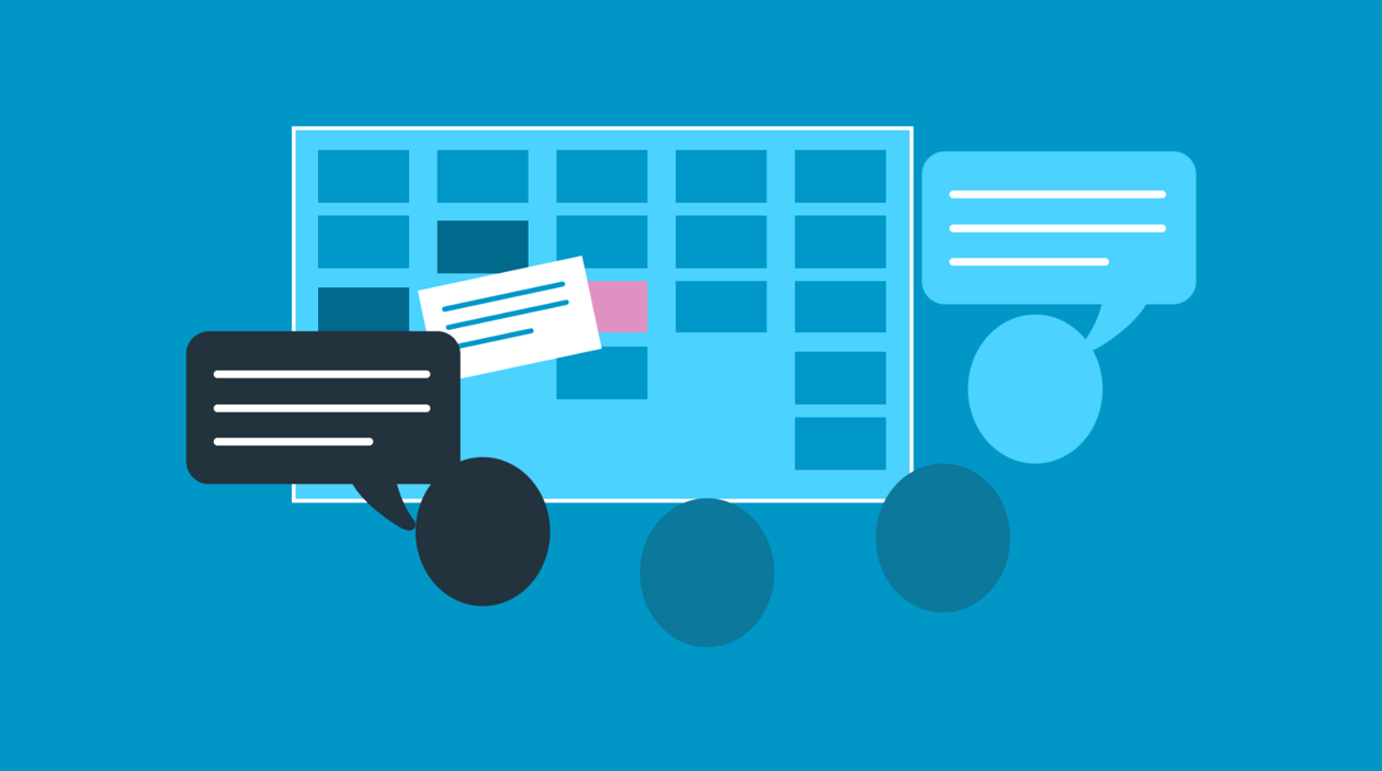 a blue background with a calendar and a few black and white chat bubbles