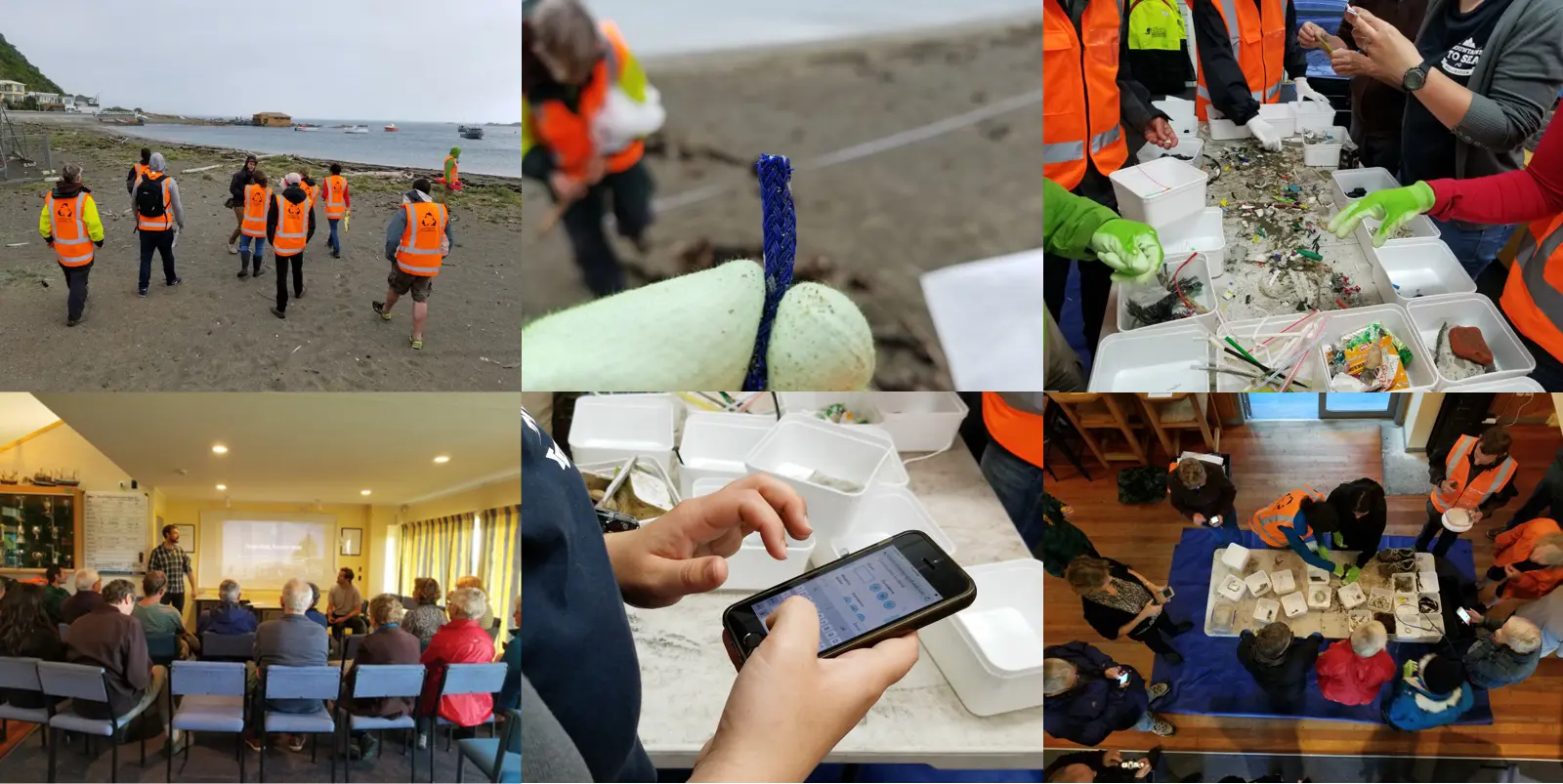 a collage of people at a beach